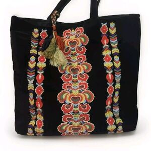 Embroidered Black Velvet Soft Ruggine Tote Purse Tassels Boho‎ Chic Hobo